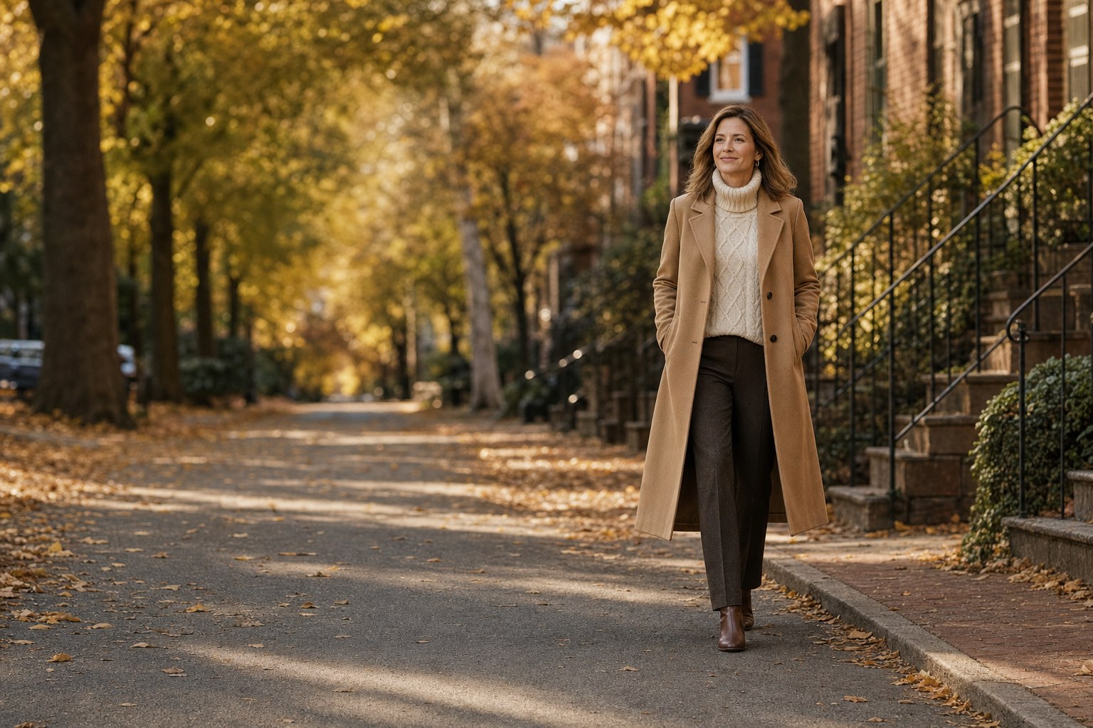 Woman in a camel wool coat walking on an autumn street