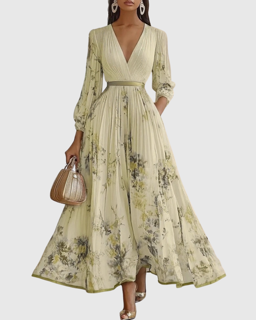 Eleanor Romantic Pleated Floral Long Sleeve Maxi Dress