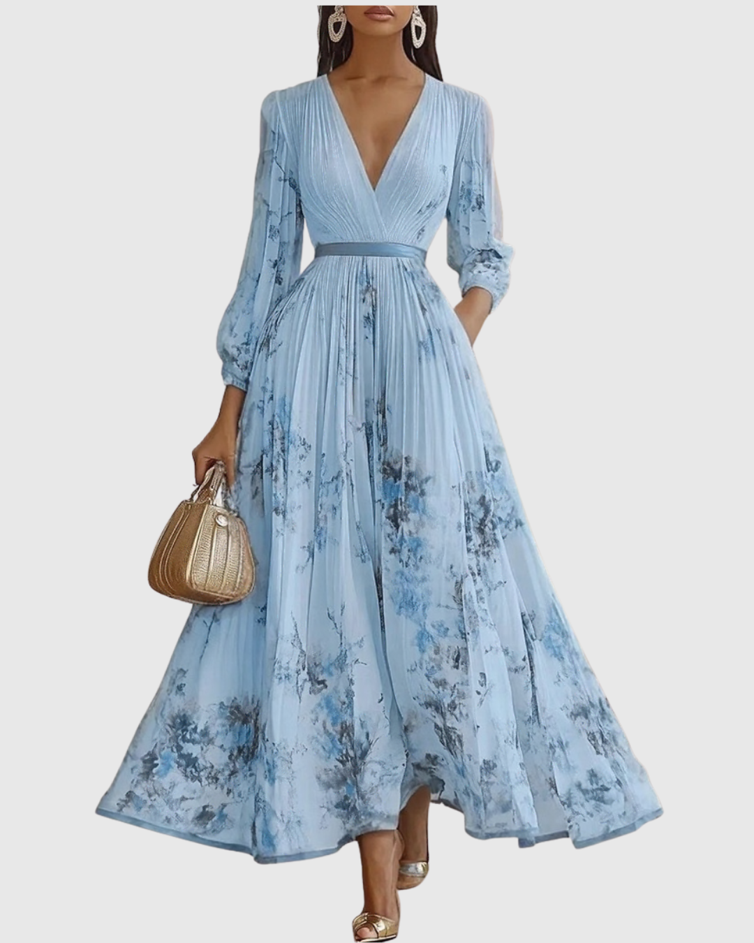 Eleanor Romantic Pleated Floral Long Sleeve Maxi Dress