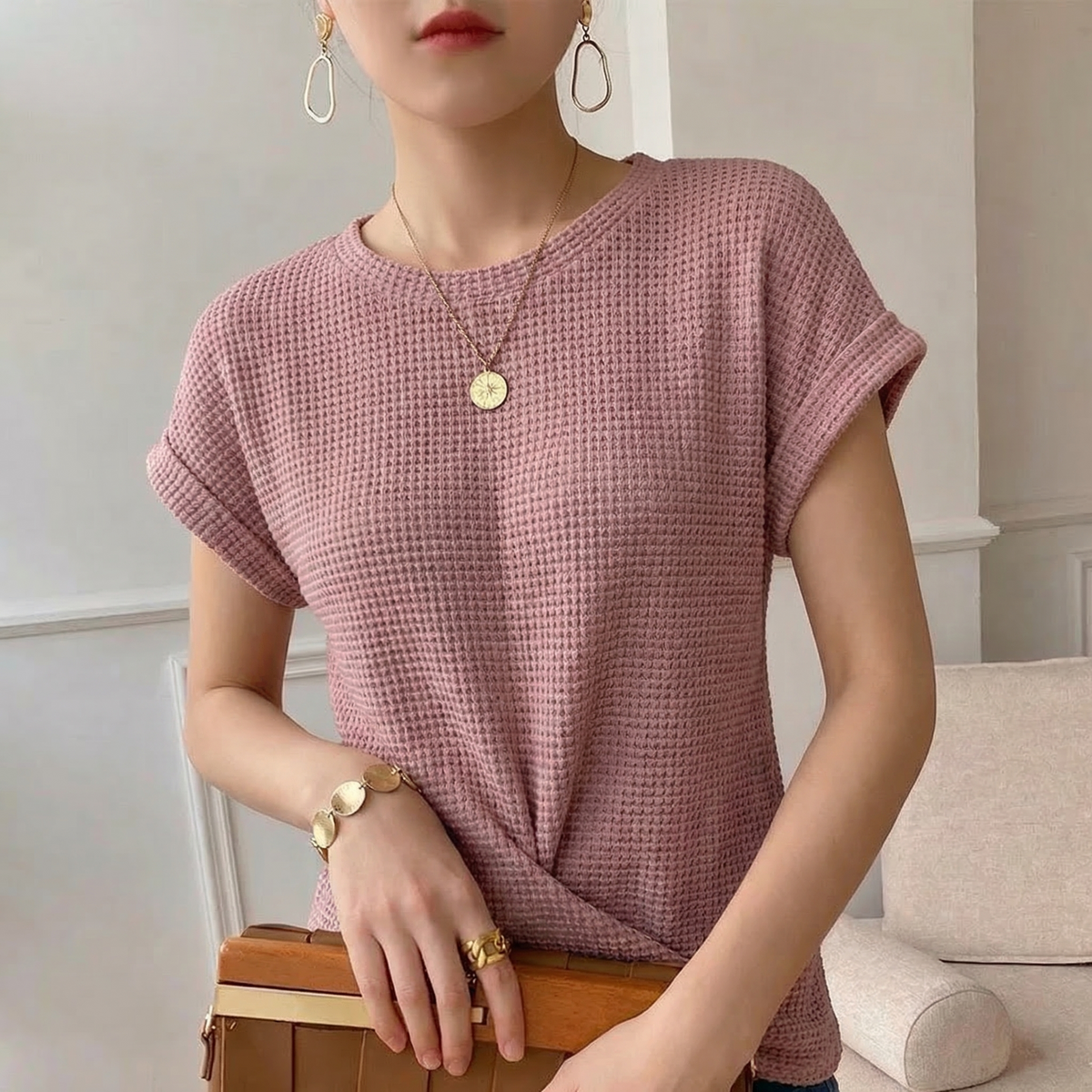 Chloe Relaxed Waffle Knit Twist Front Top