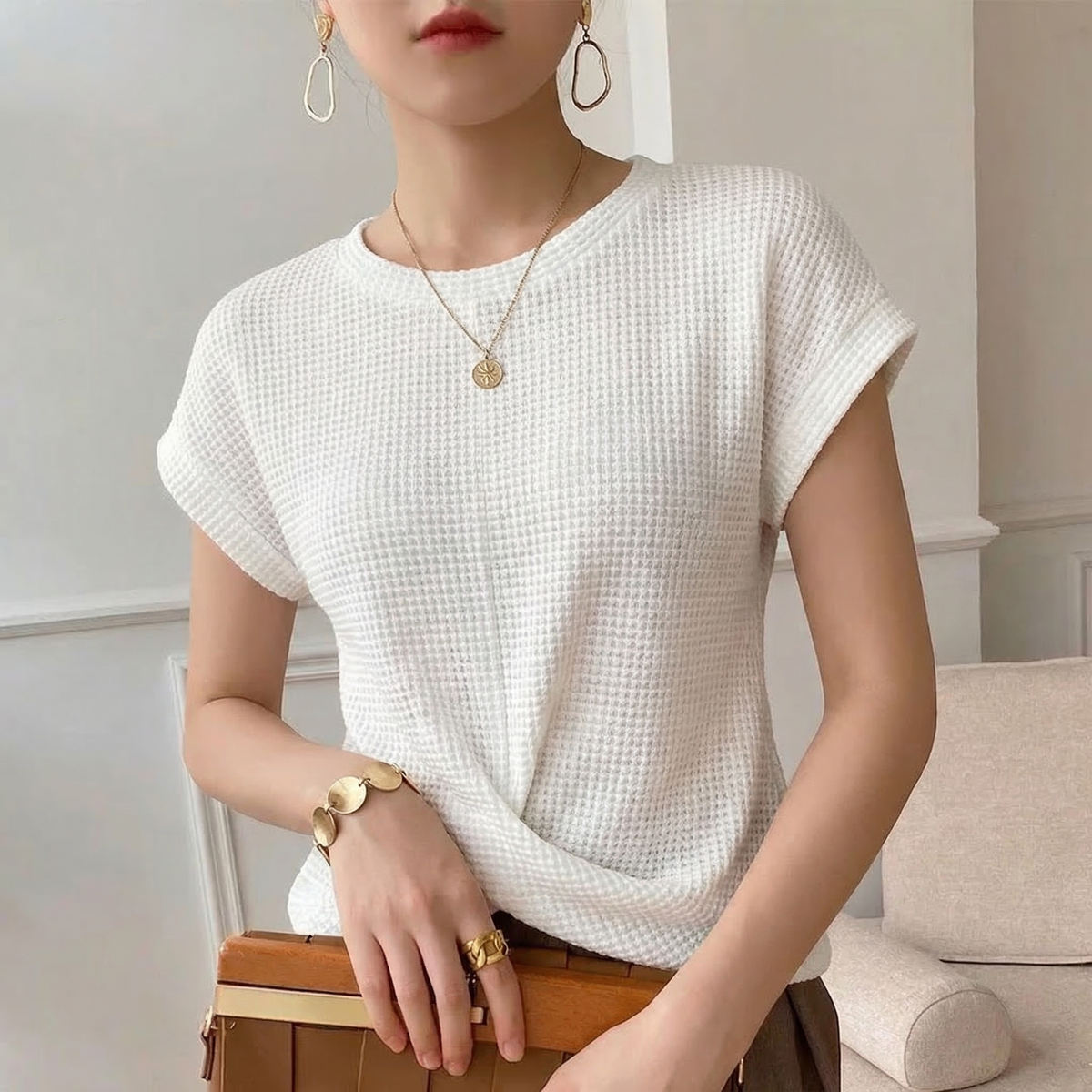 Chloe Relaxed Waffle Knit Twist Front Top