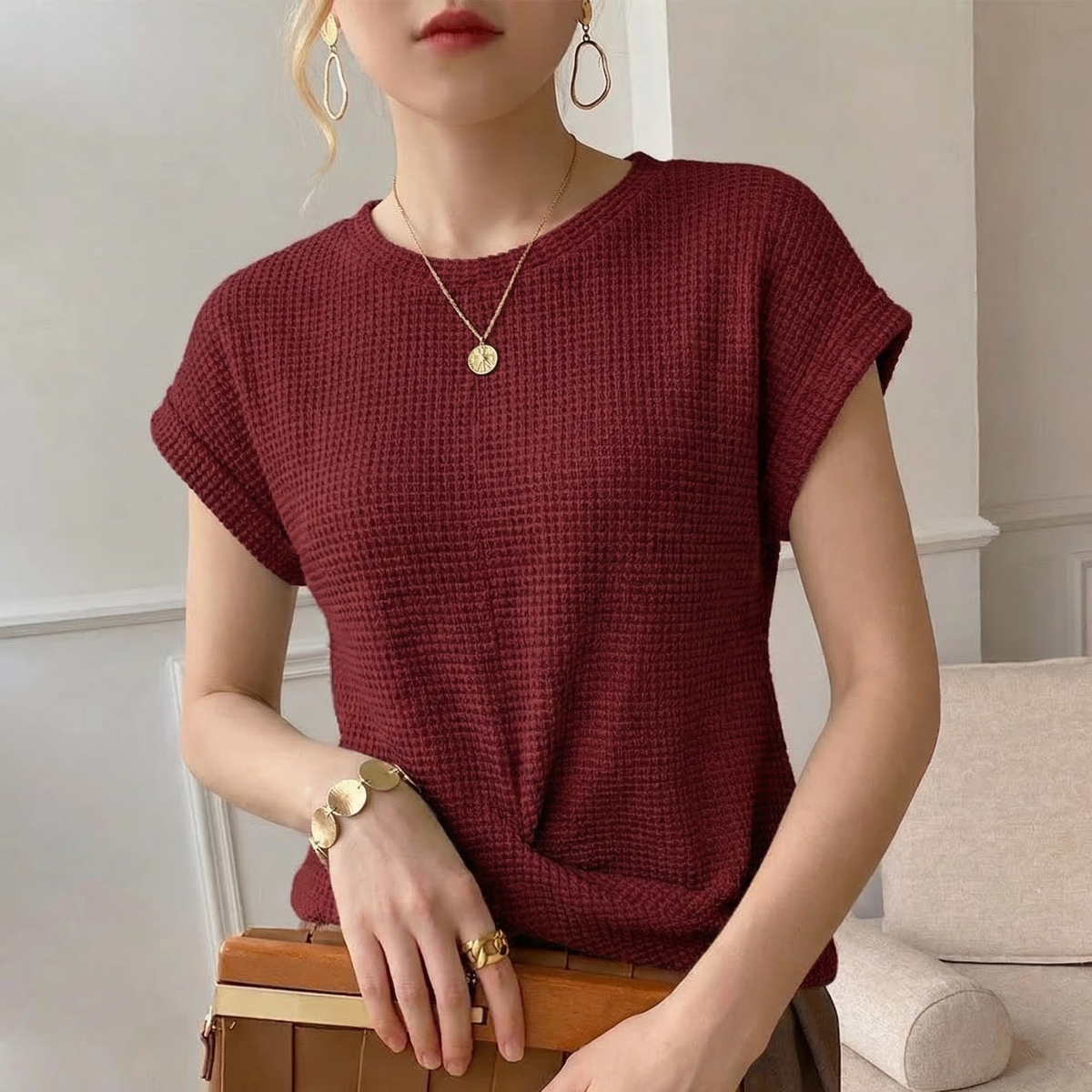 Chloe Relaxed Waffle Knit Twist Front Top