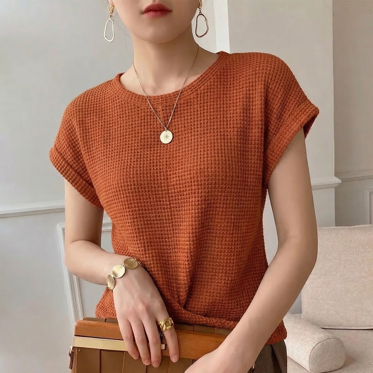 Chloe Relaxed Waffle Knit Twist Front Top