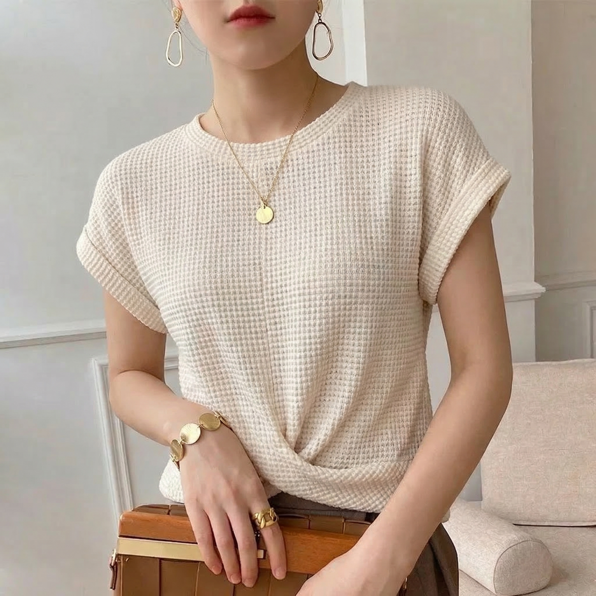 Chloe Relaxed Waffle Knit Twist Front Top