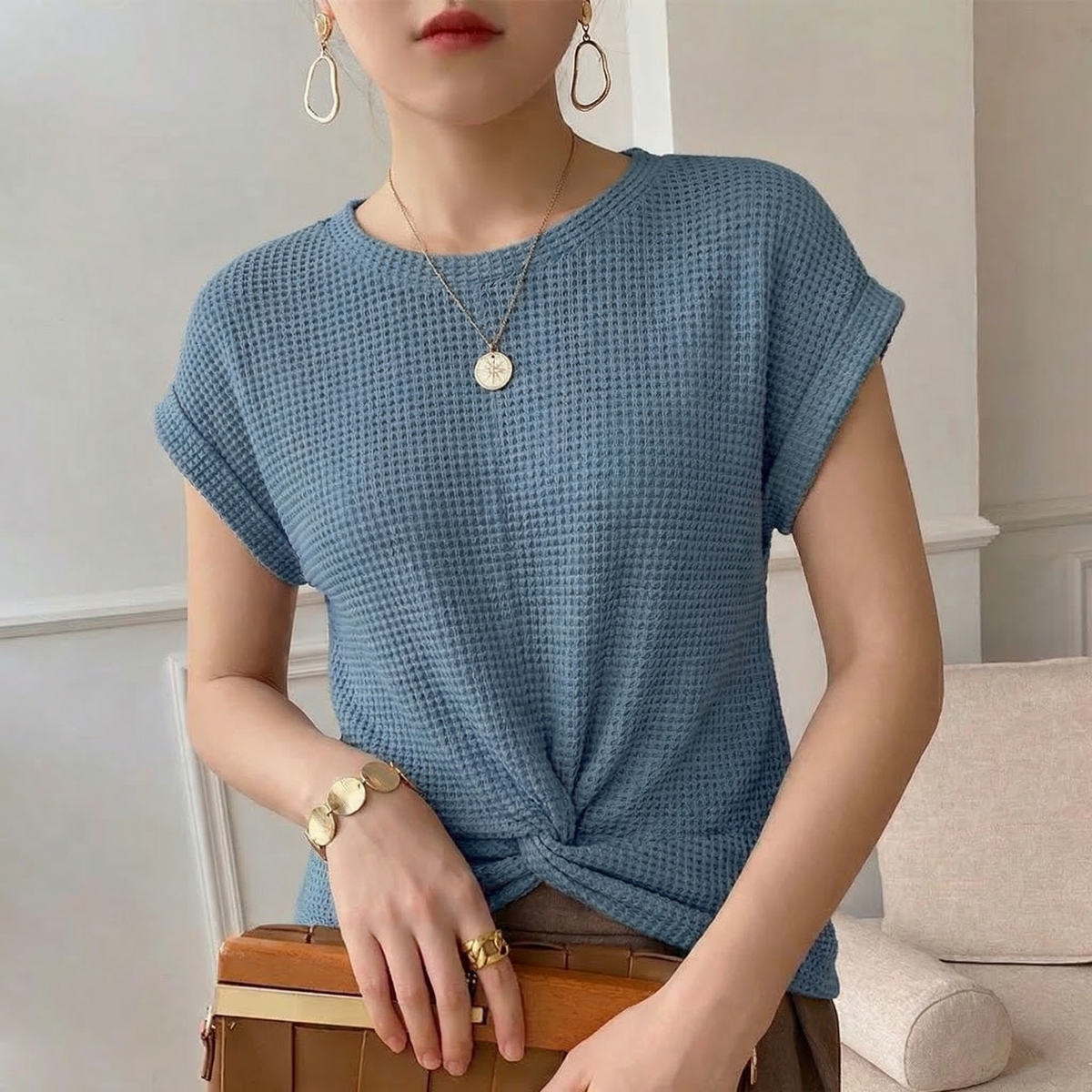 Chloe Relaxed Waffle Knit Twist Front Top