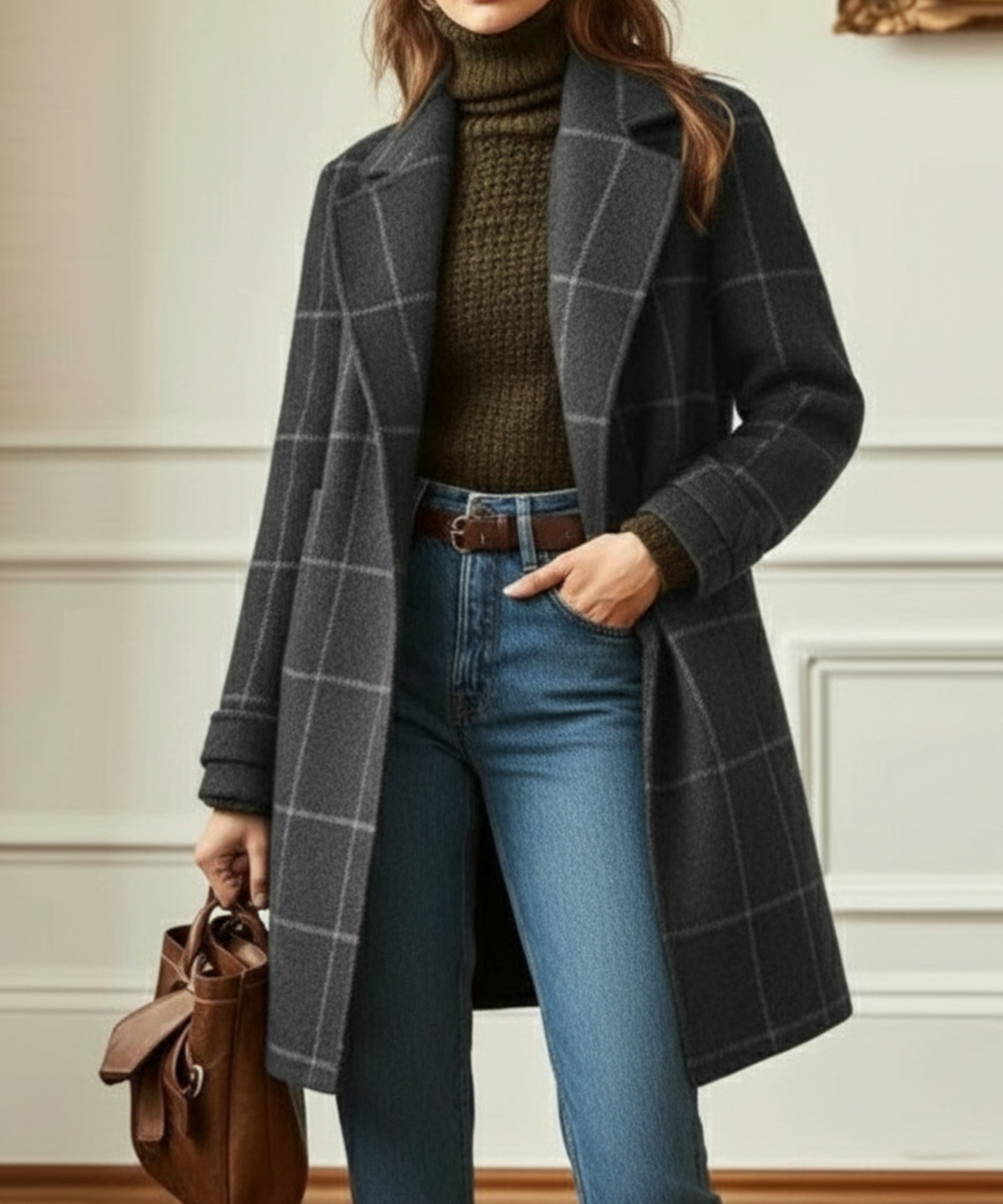 Olive Classic Wool Blend Check Coat for Women
