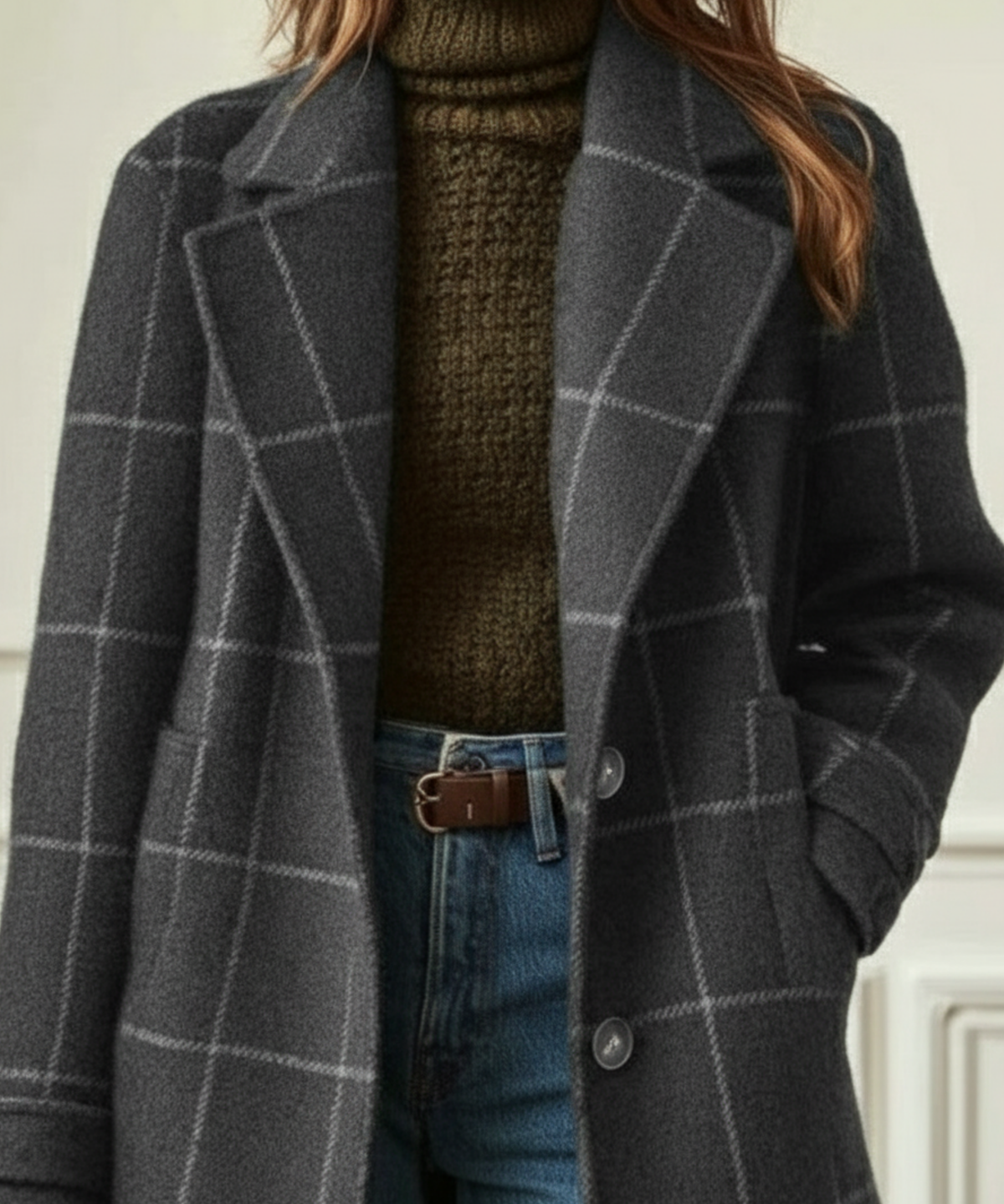Olive Classic Wool Blend Check Coat for Women