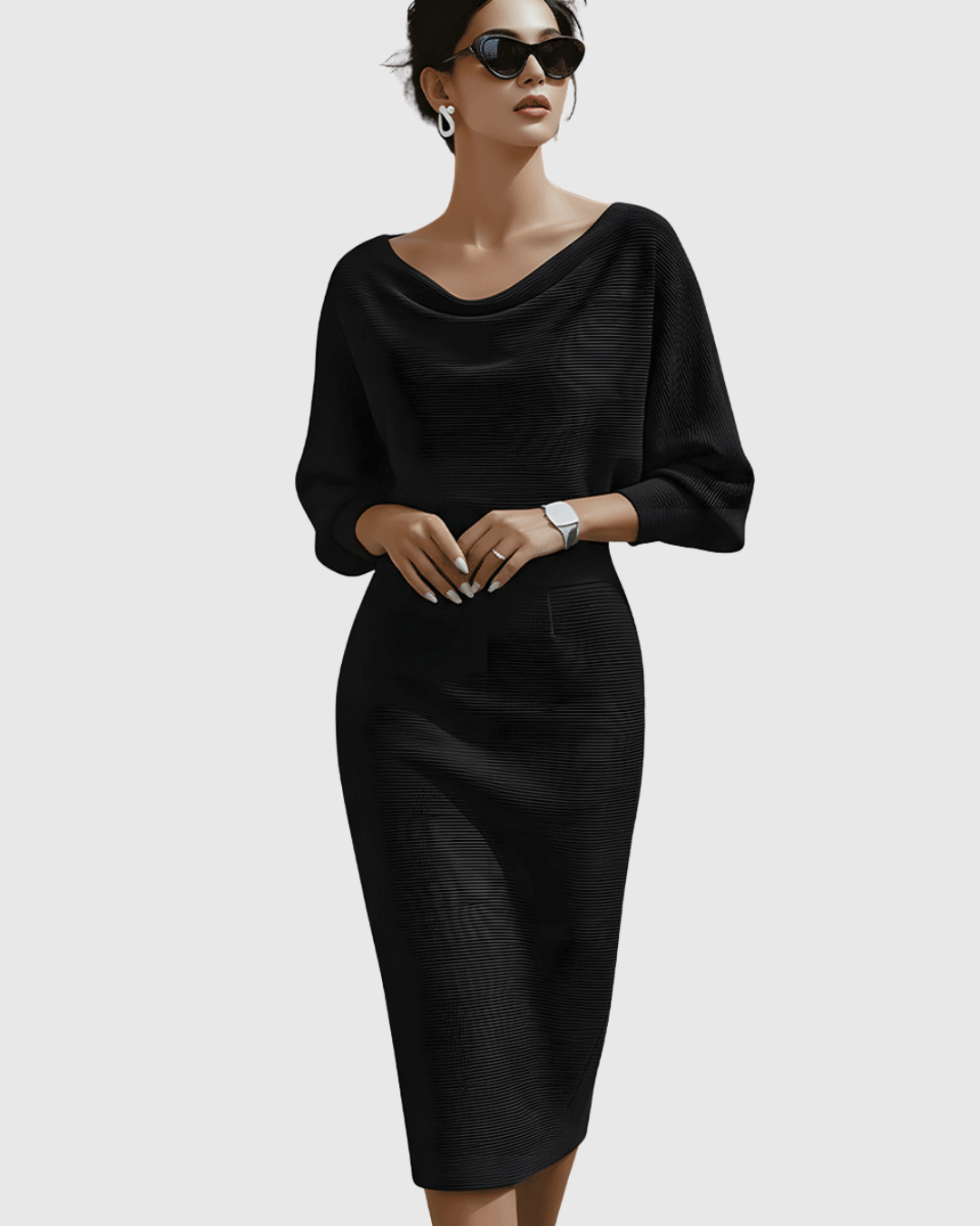 Frances Elegant Draped Batwing Midi Dress