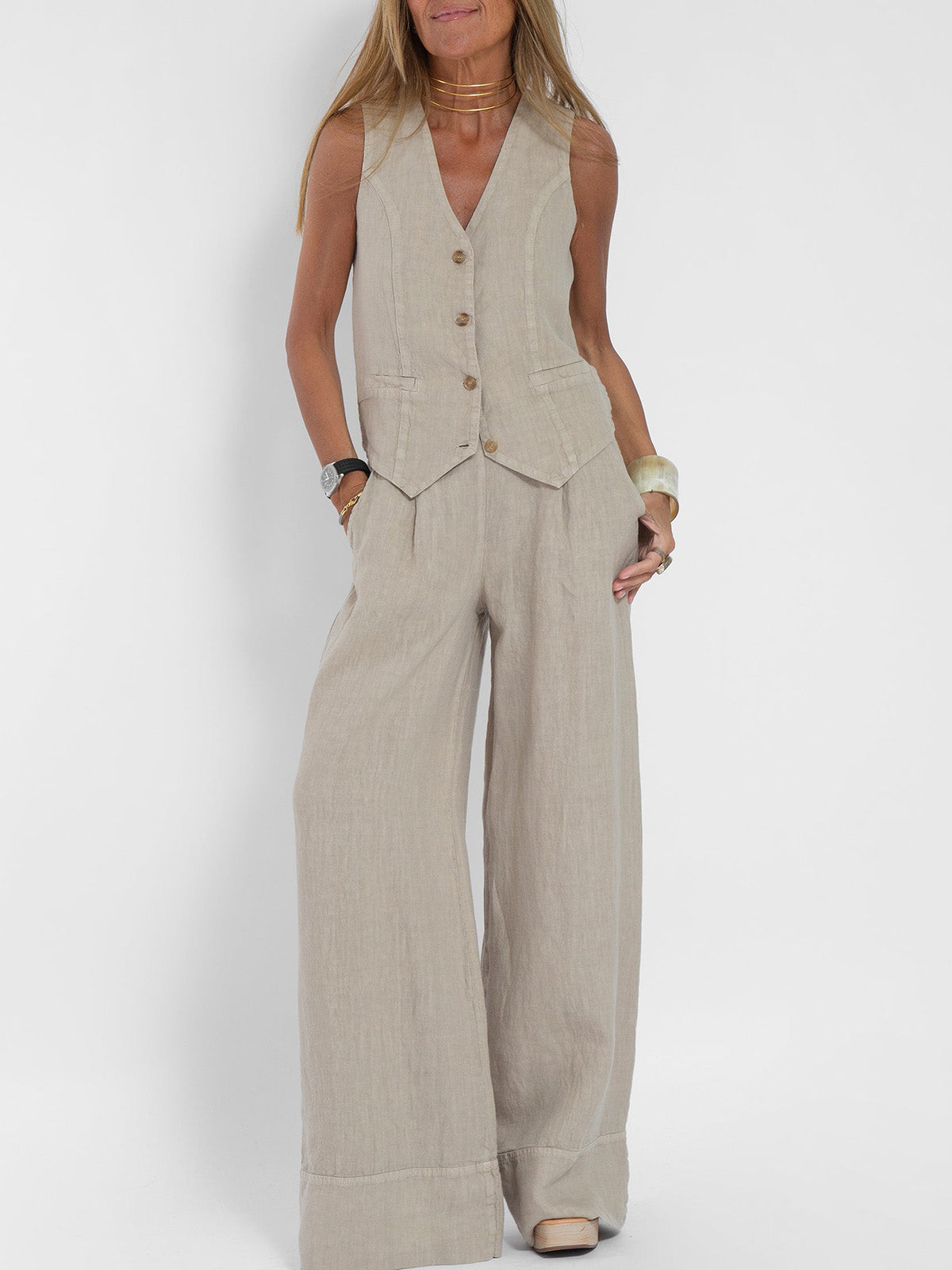 Leah Elegant Vest and Wide Leg Pants Set for Women