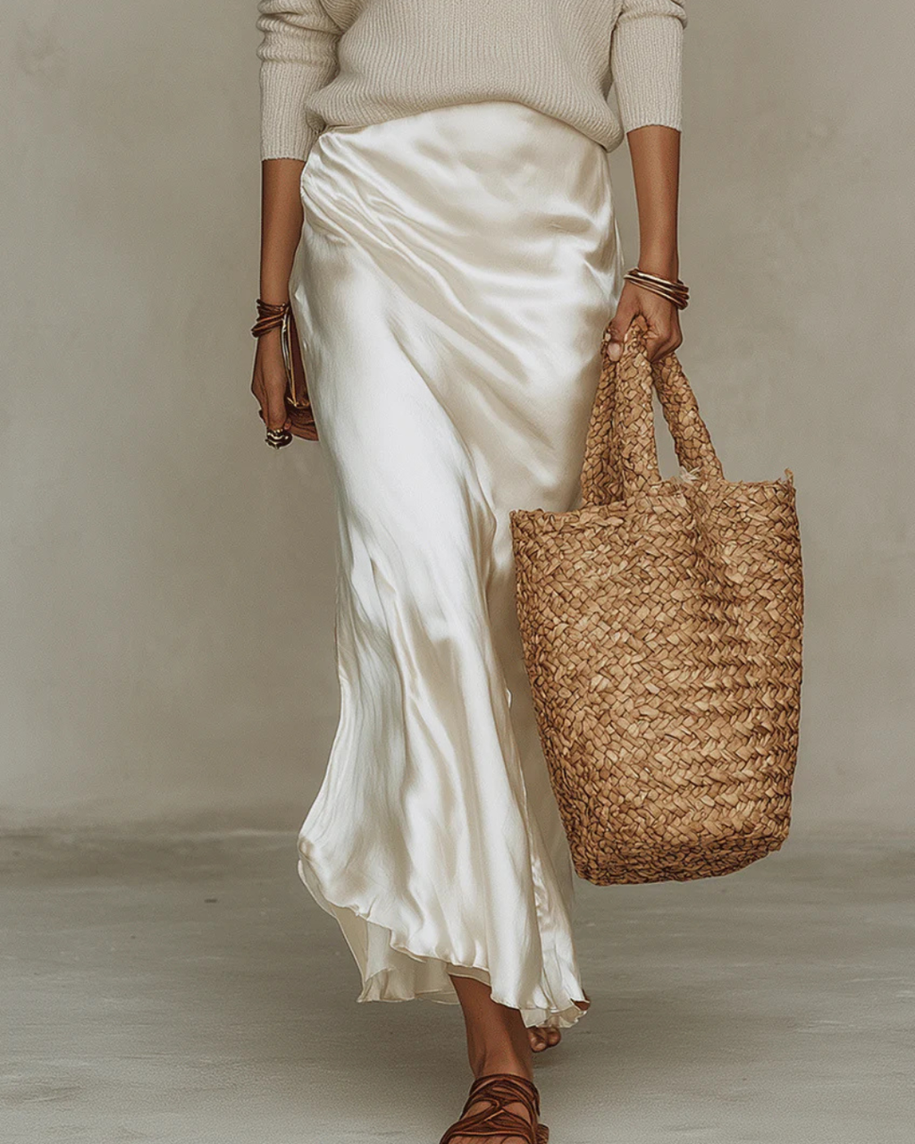 Hannah Elegant Knit Sweater and Satin Midi Skirt Set