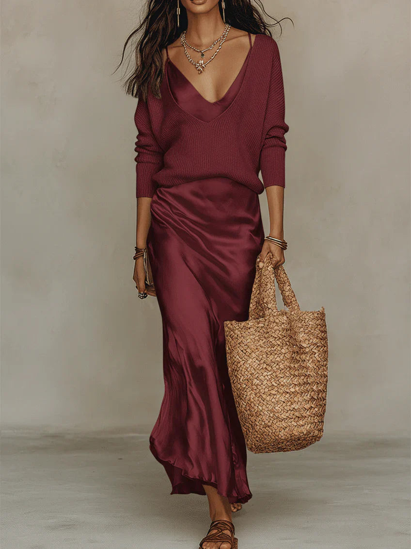Lauren Elegant Satin Midi Dress and Knit Set