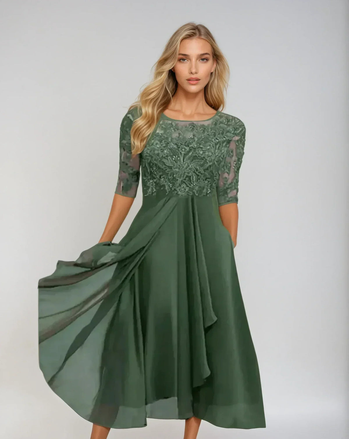 Clara Elegant Lace Bodice Midi Dress