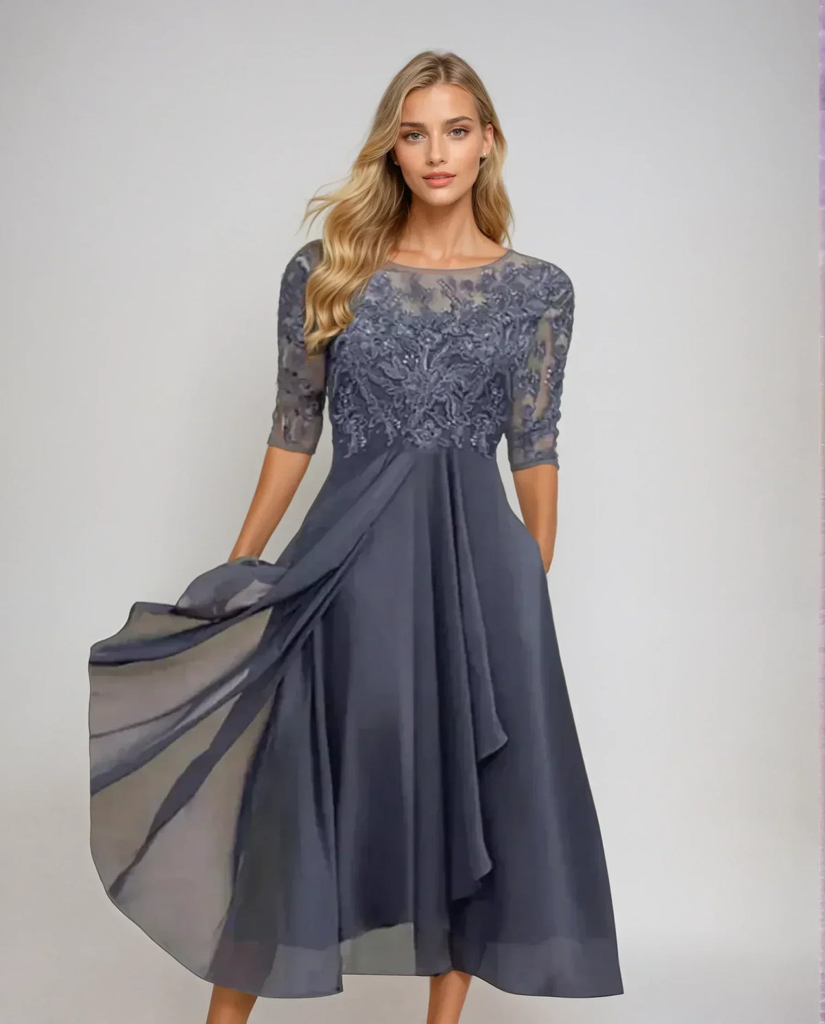 Clara Elegant Lace Bodice Midi Dress