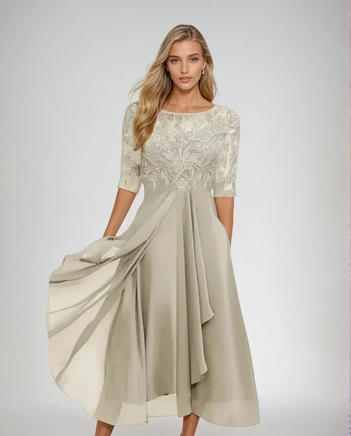 Clara Elegant Lace Bodice Midi Dress