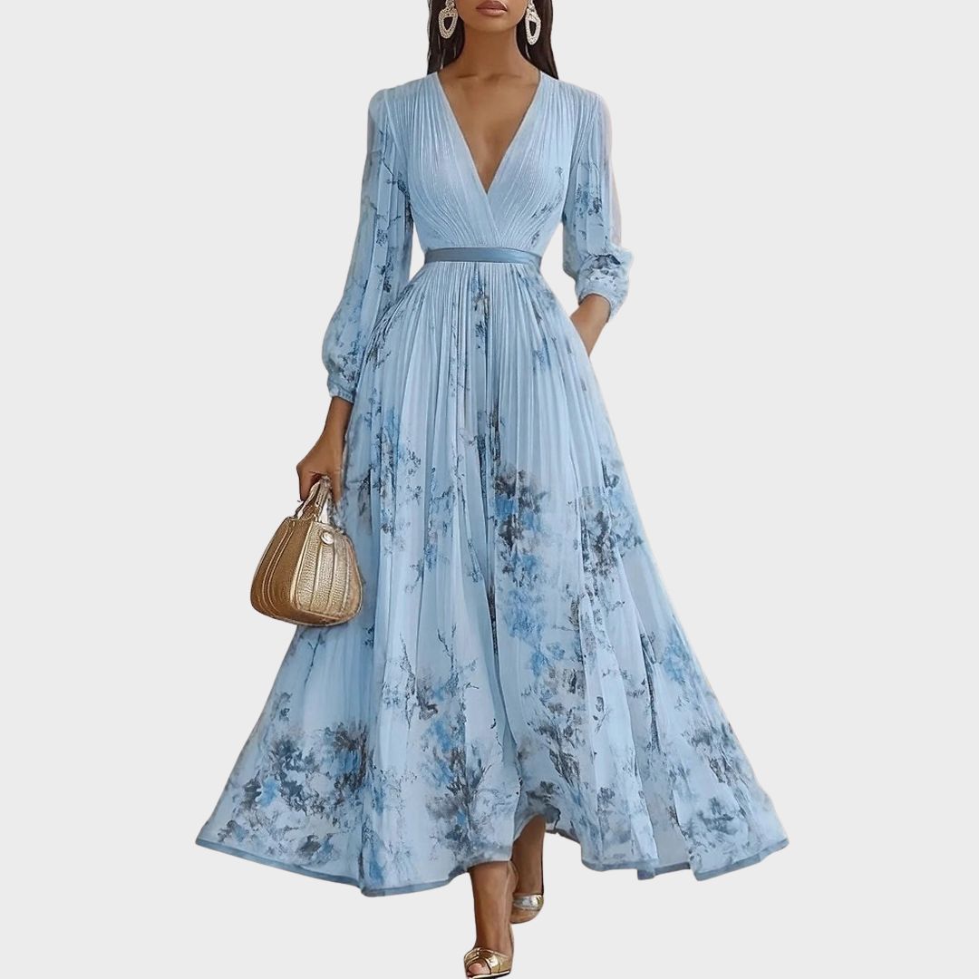 Eleanor Romantic Pleated Floral Long Sleeve Maxi Dress