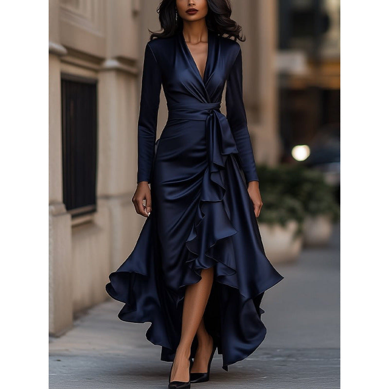 Lillian Elegant Wrap V Neck Long Sleeve Maxi Dress