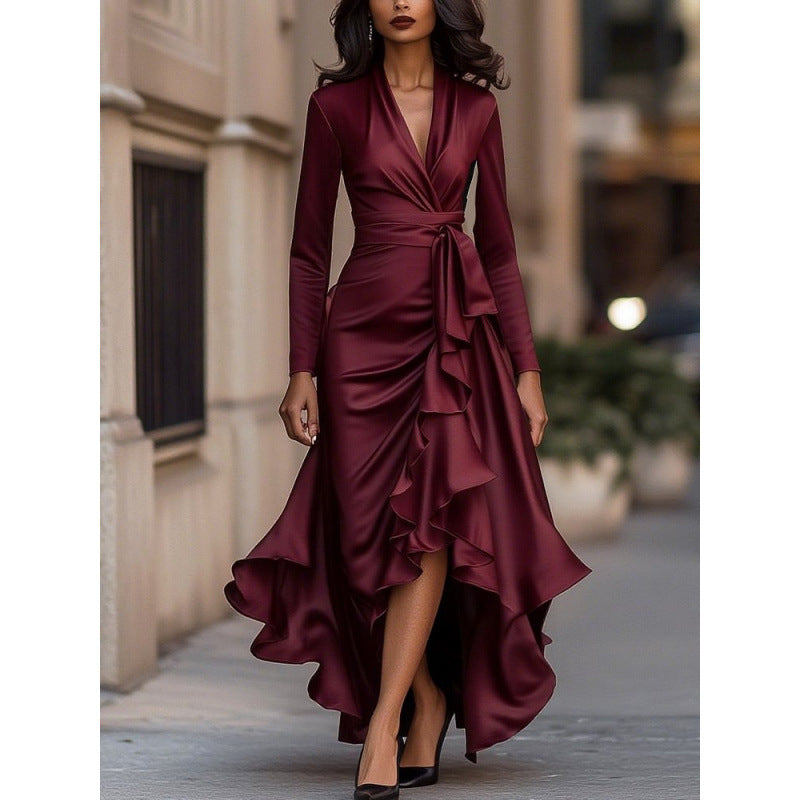 Lillian Elegant Wrap V Neck Long Sleeve Maxi Dress