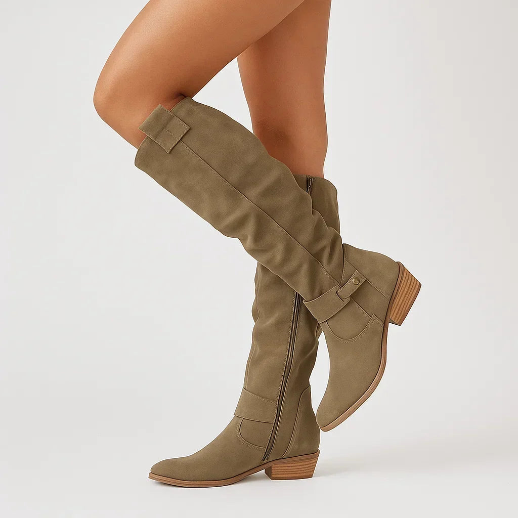 Natasha Elegant Knee High Suede Block Heel Boots