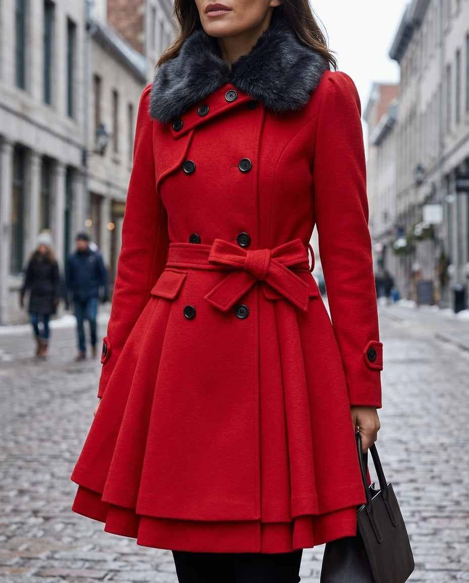 Rebecca Warm Fur Collar Peplum Wool Coat for Women