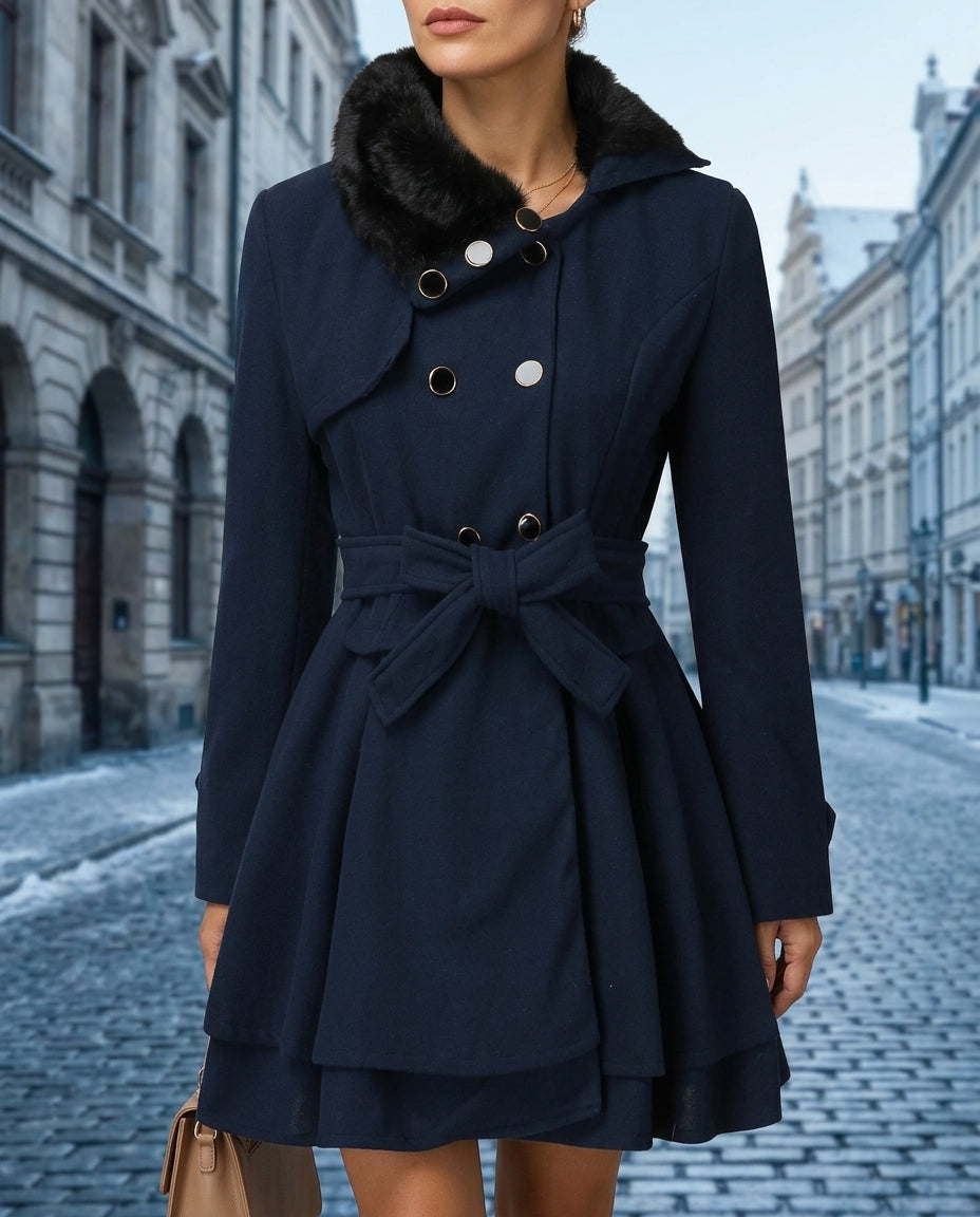 Rebecca Warm Fur Collar Peplum Wool Coat for Women