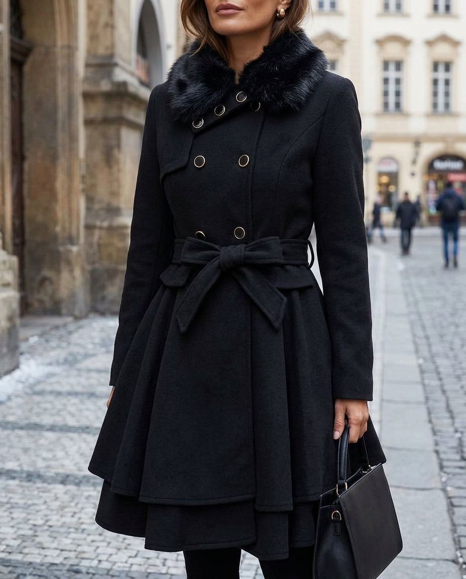 Rebecca Warm Fur Collar Peplum Wool Coat for Women