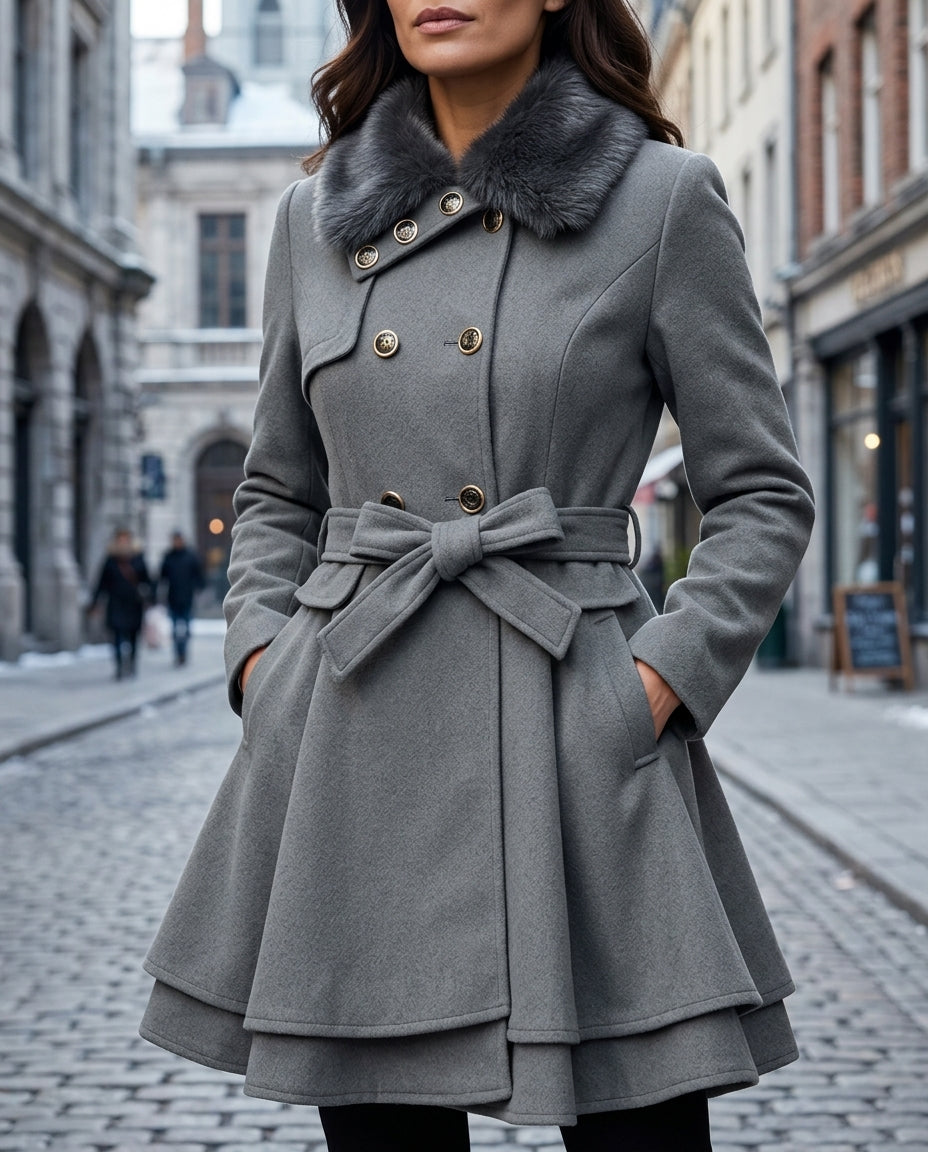 Rebecca Warm Fur Collar Peplum Wool Coat for Women
