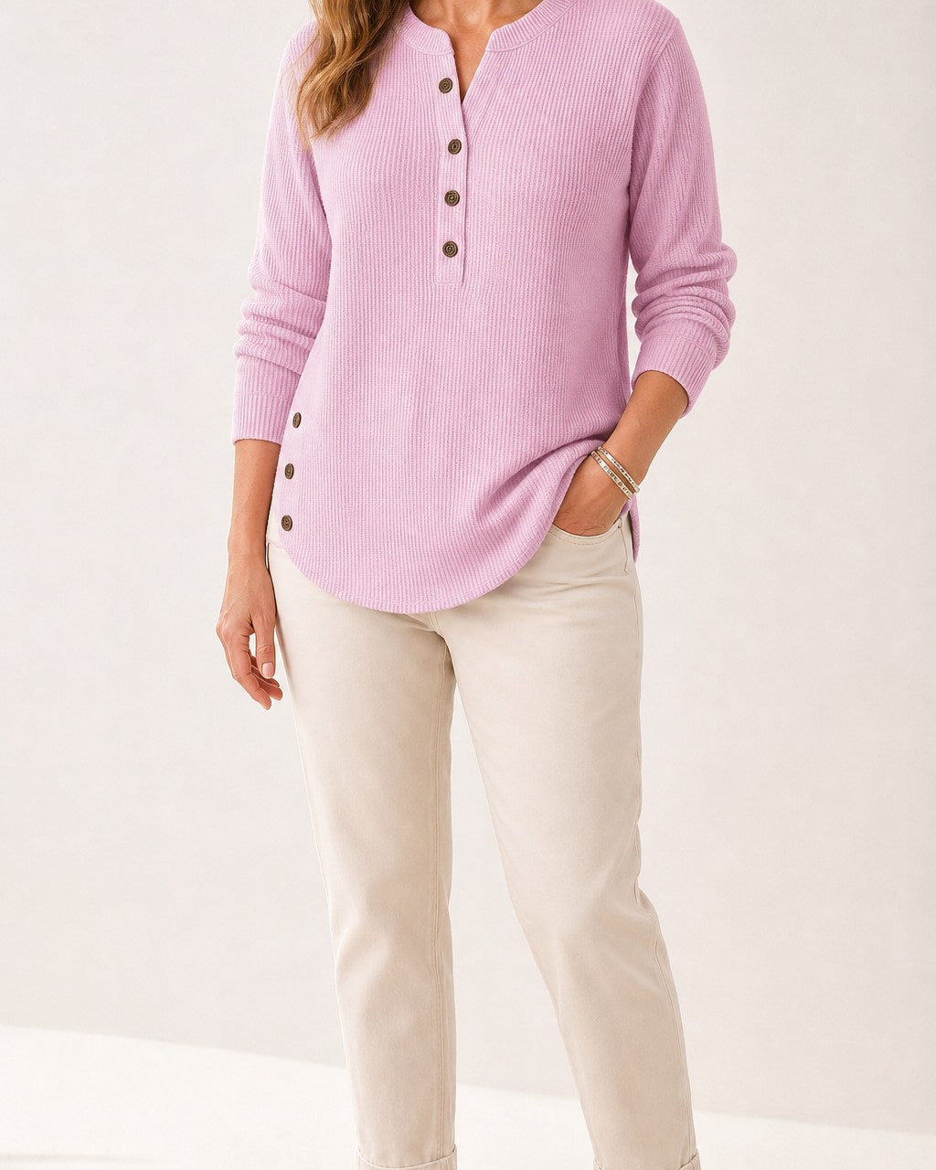 Claire Relaxed Ribbed Knit Long Sleeve Henley Top