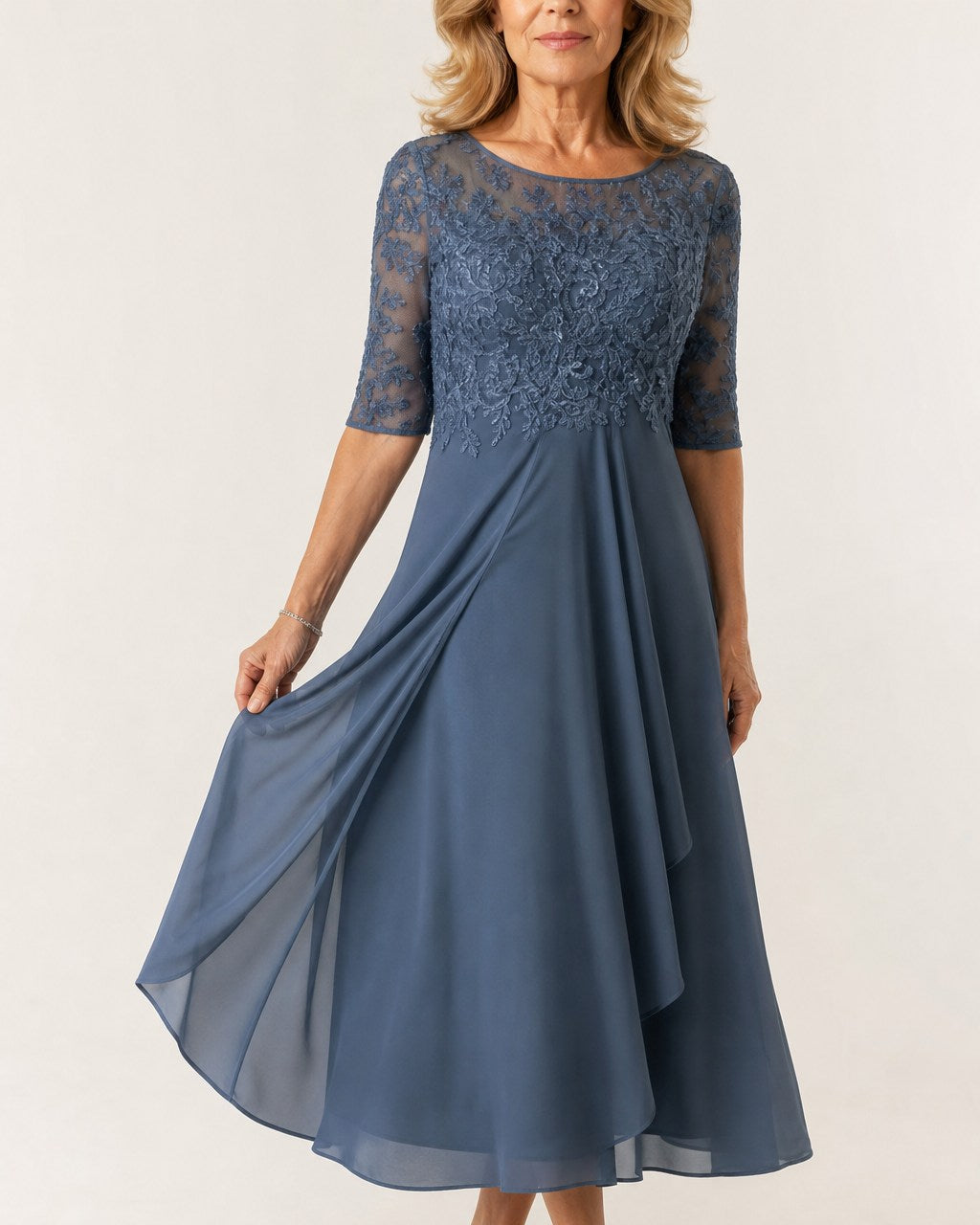 Clara Elegant Lace Bodice Midi Dress