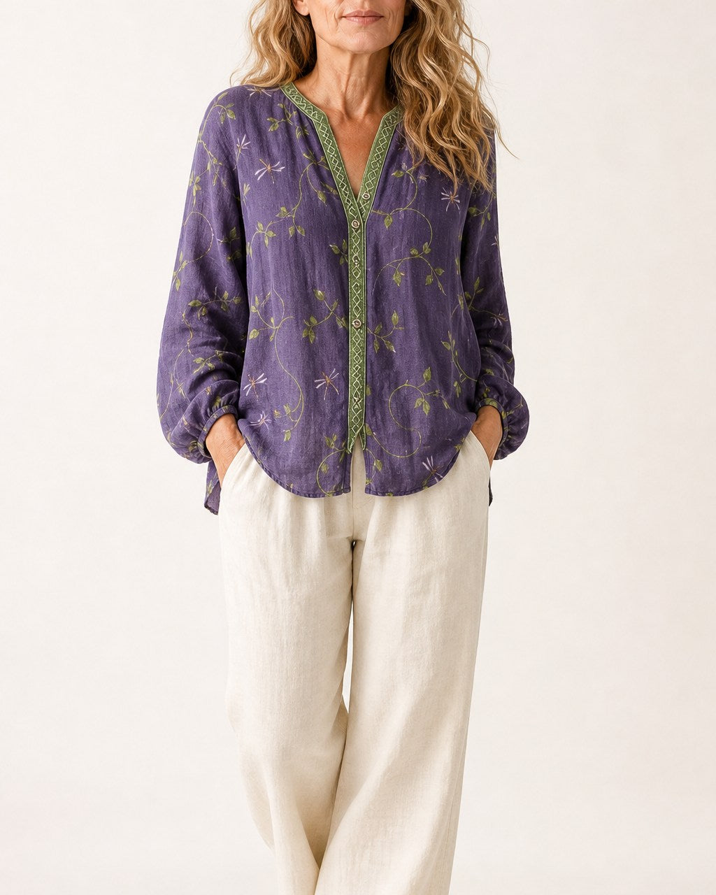 Harriet Relaxed Embroidered V Neck Long Sleeve Blouse