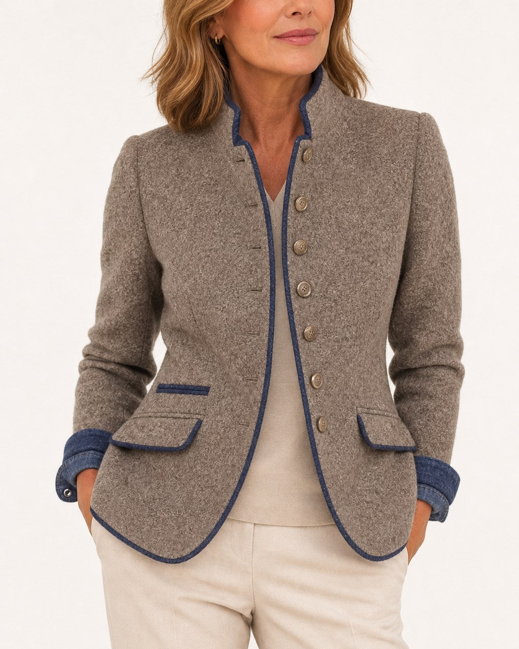Jenna Classic Wool Blazer with Contrast Trim for Women