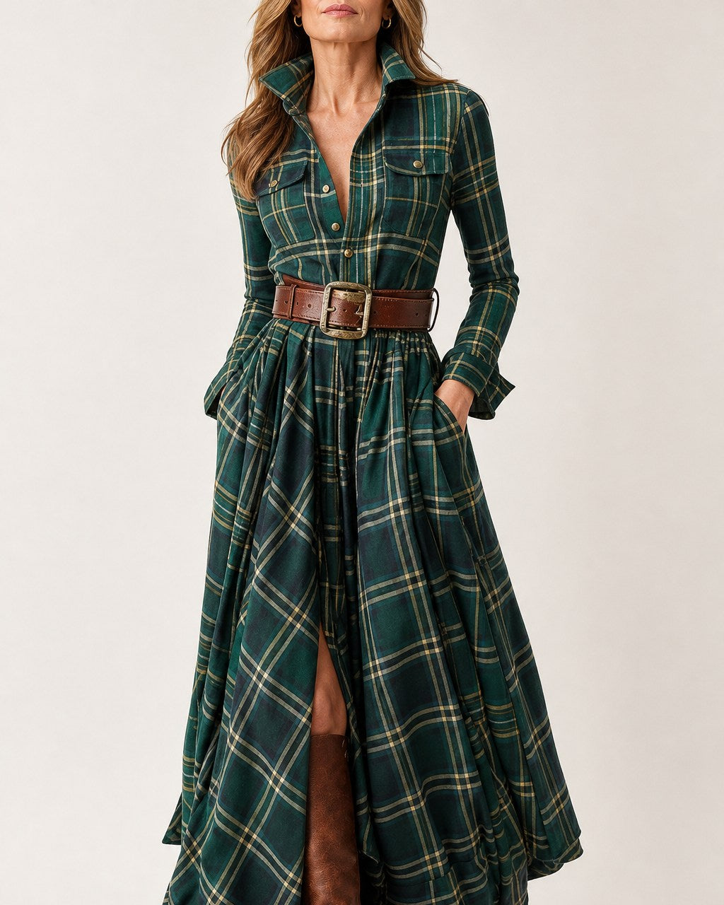 Josephine Timeless Plaid Belted Maxi Shirt Dress