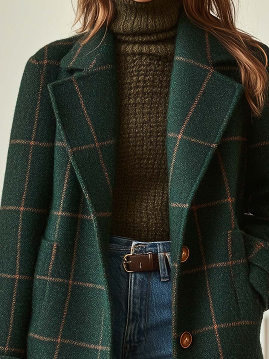 Olive Classic Wool Blend Check Coat for Women