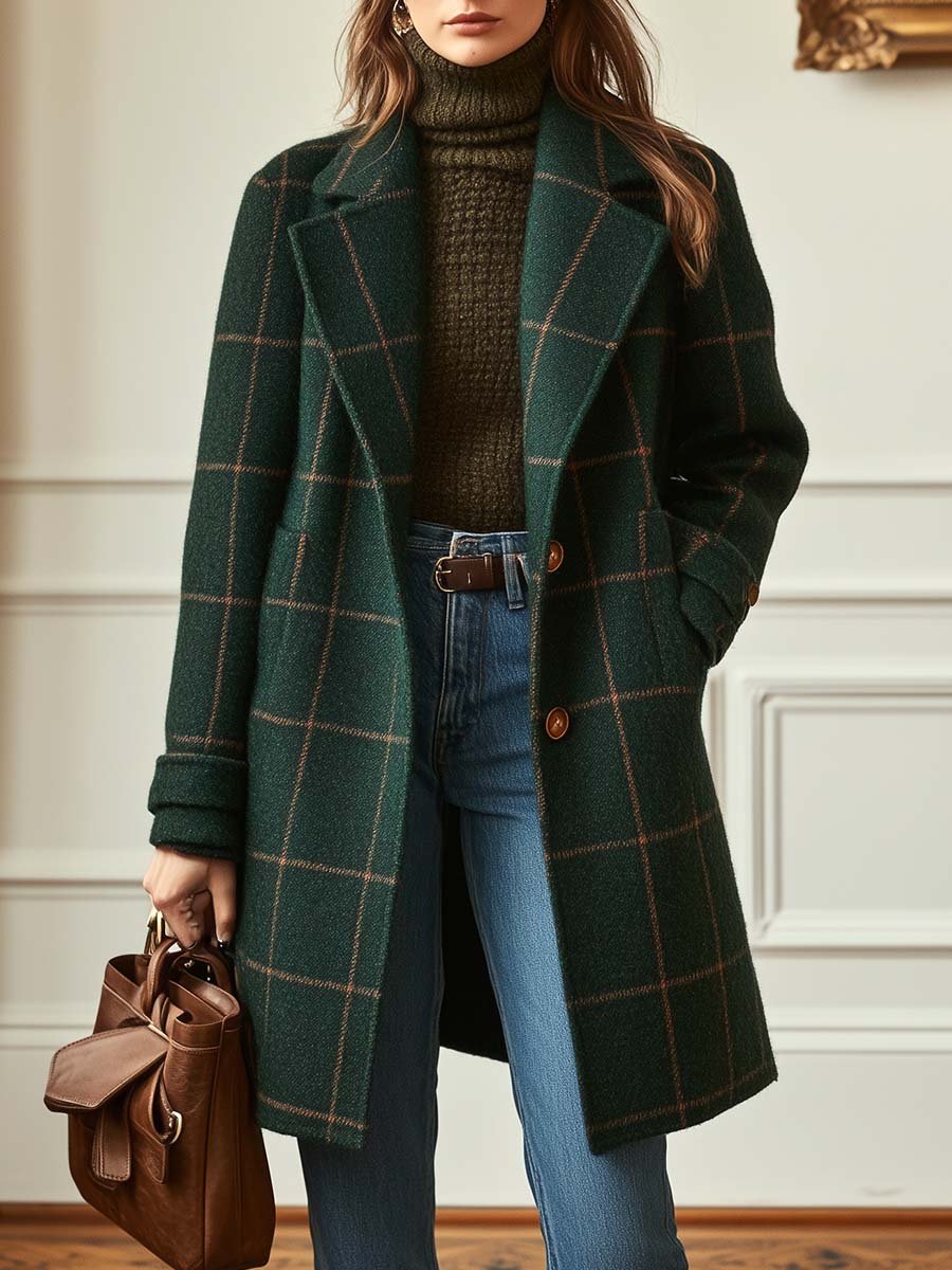 Olive Classic Wool Blend Check Coat for Women