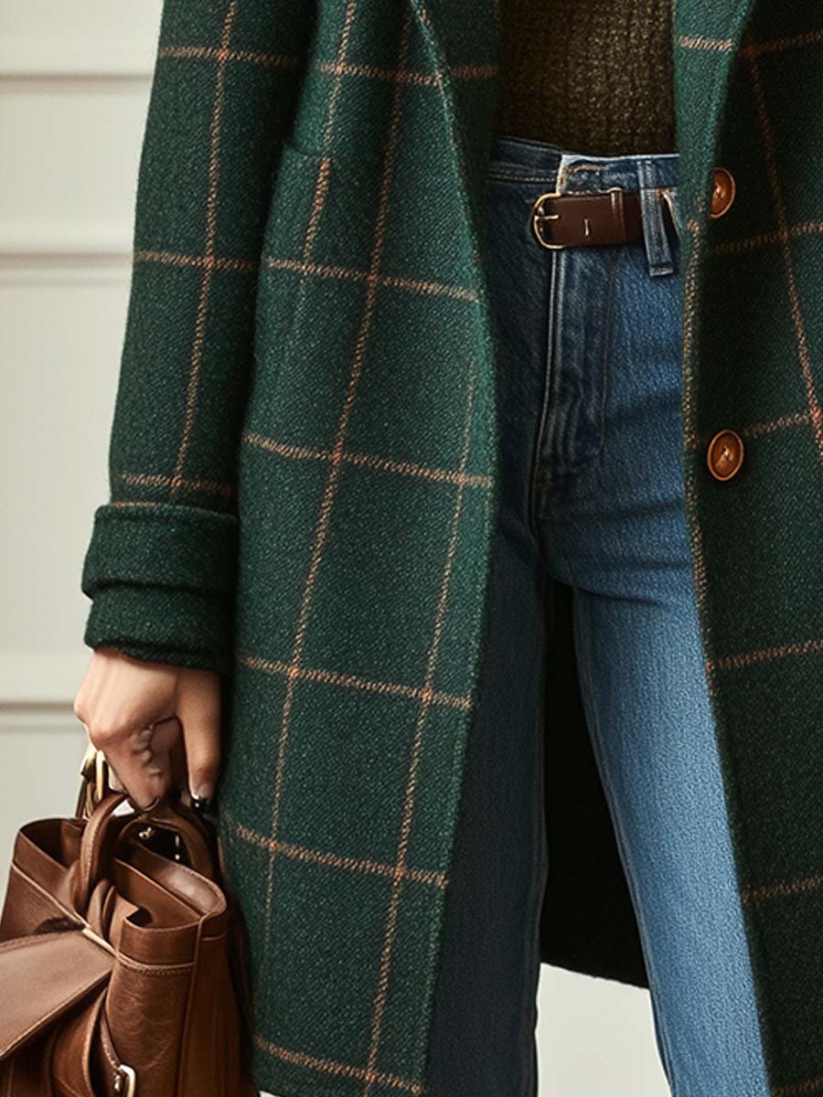 Olive Classic Wool Blend Check Coat for Women