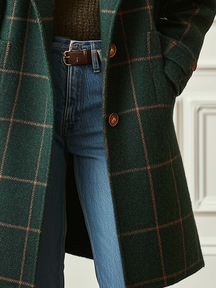 Olive Classic Wool Blend Check Coat for Women