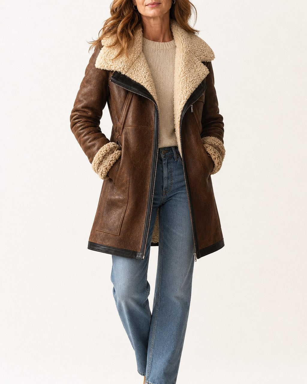 Kim Warm Long Leather Coat with Faux Fur Collar