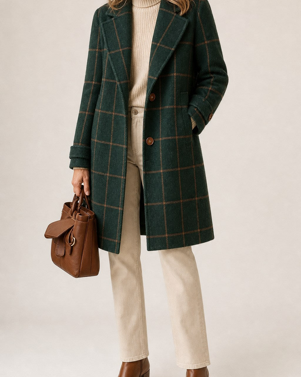 Olive Classic Wool Blend Check Coat for Women