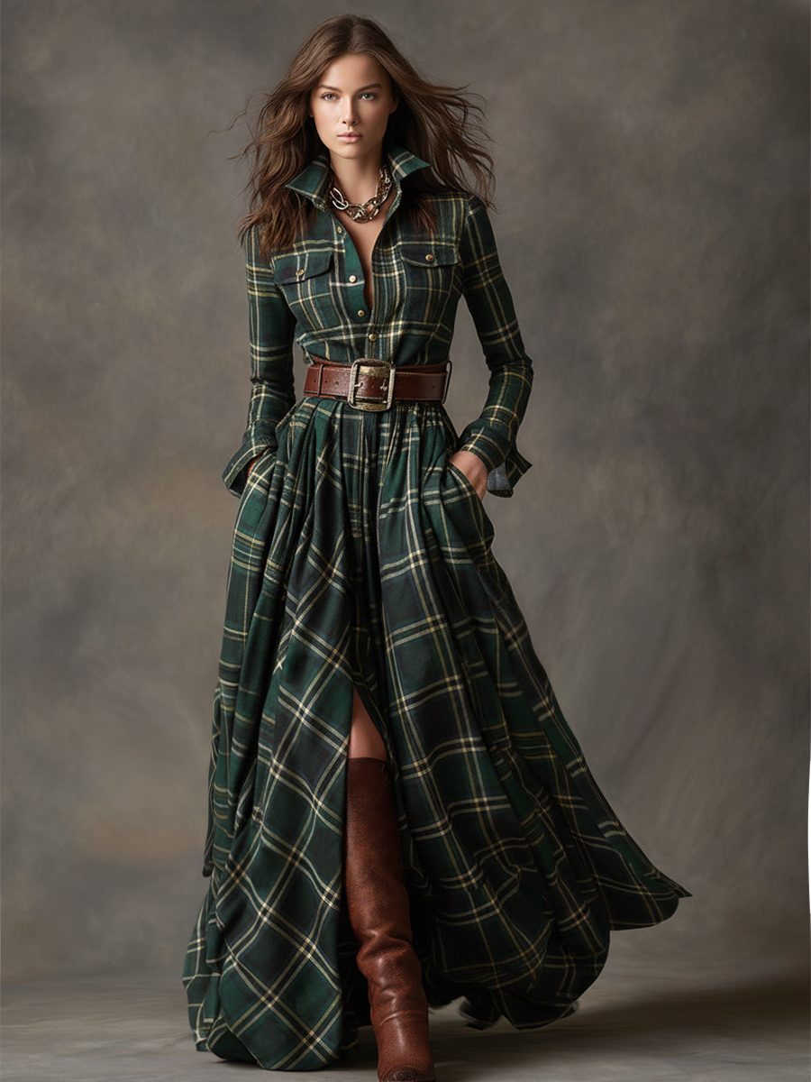 Josephine Timeless Plaid Belted Maxi Shirt Dress