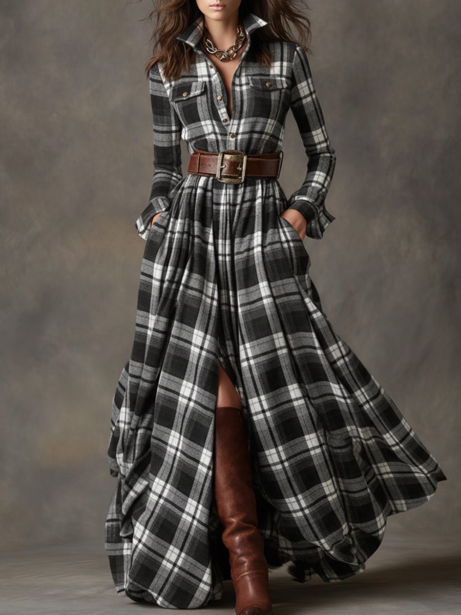 Josephine Timeless Plaid Belted Maxi Shirt Dress