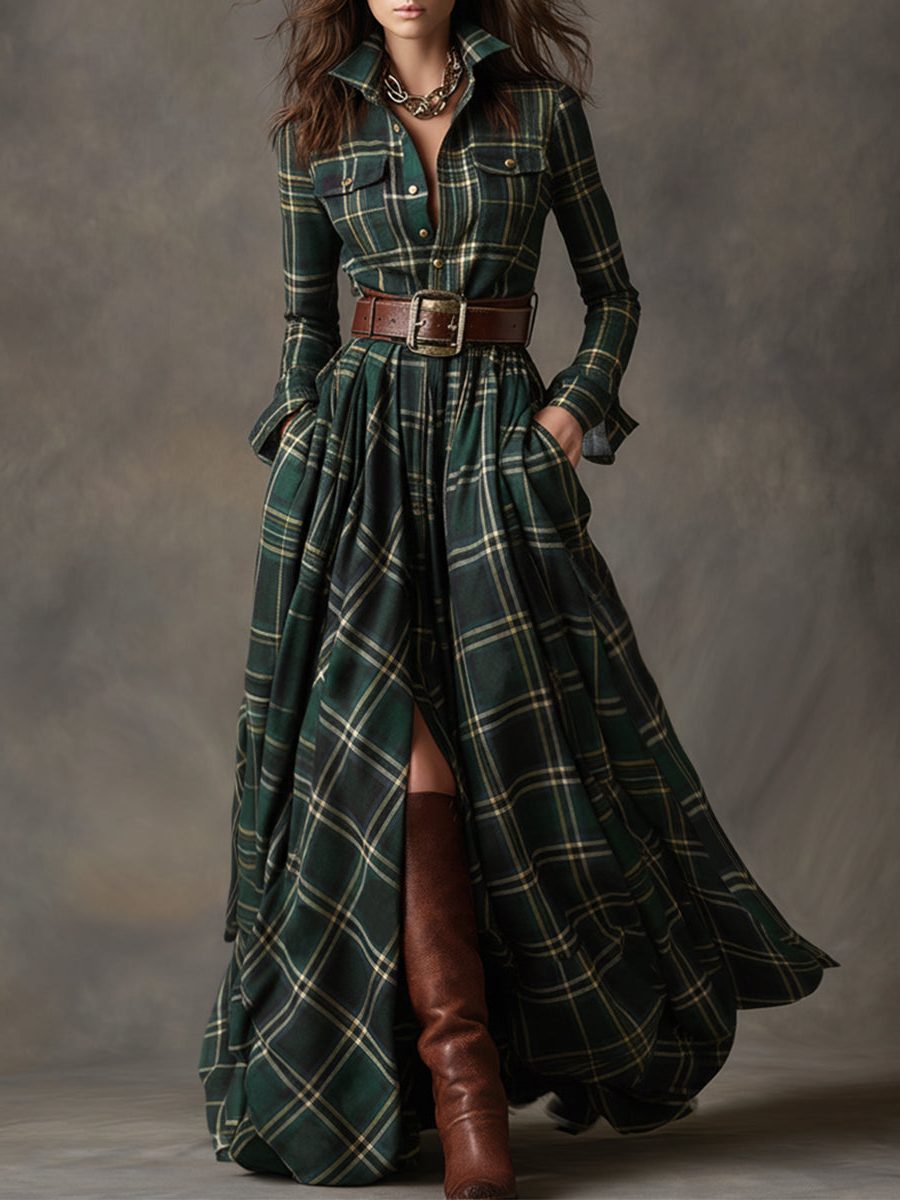 Josephine Timeless Plaid Belted Maxi Shirt Dress