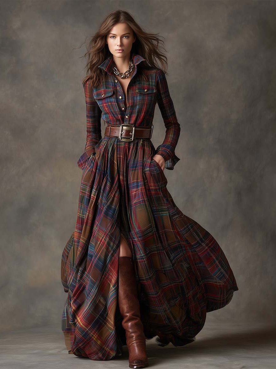 Josephine Timeless Plaid Belted Maxi Shirt Dress