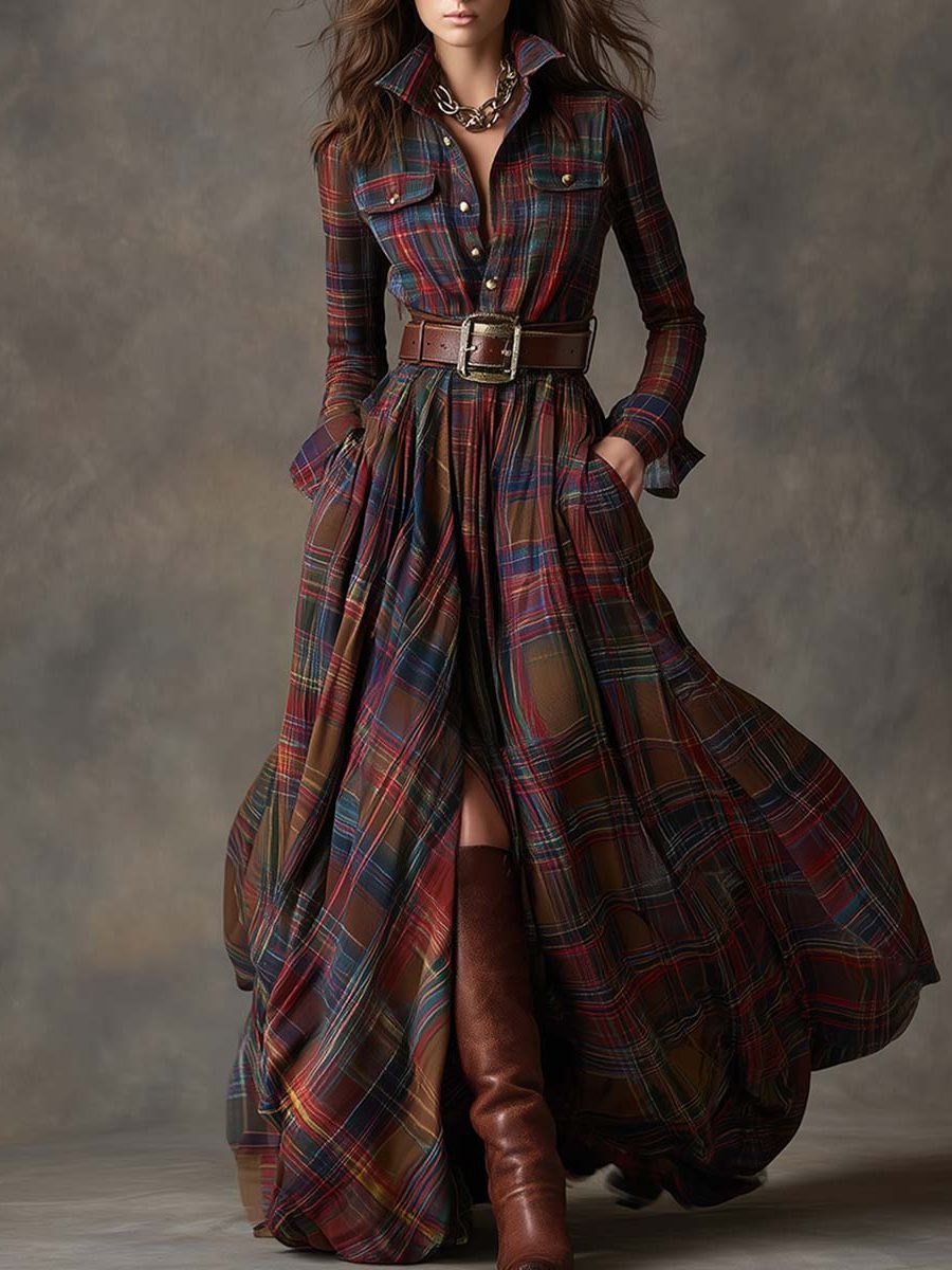 Josephine Timeless Plaid Belted Maxi Shirt Dress