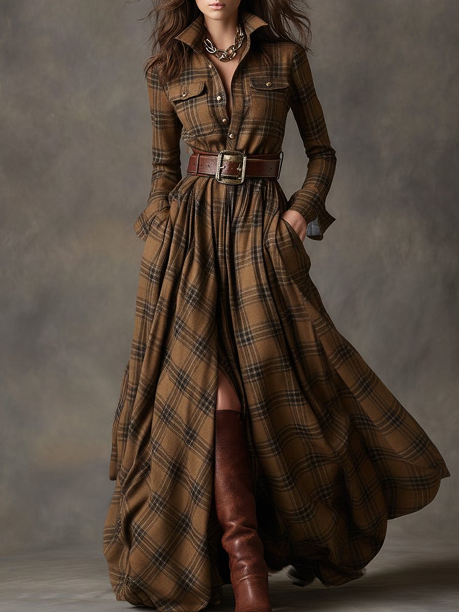 Josephine Timeless Plaid Belted Maxi Shirt Dress