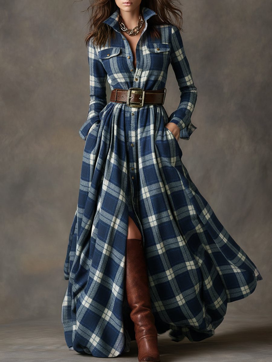 Josephine Timeless Plaid Belted Maxi Shirt Dress