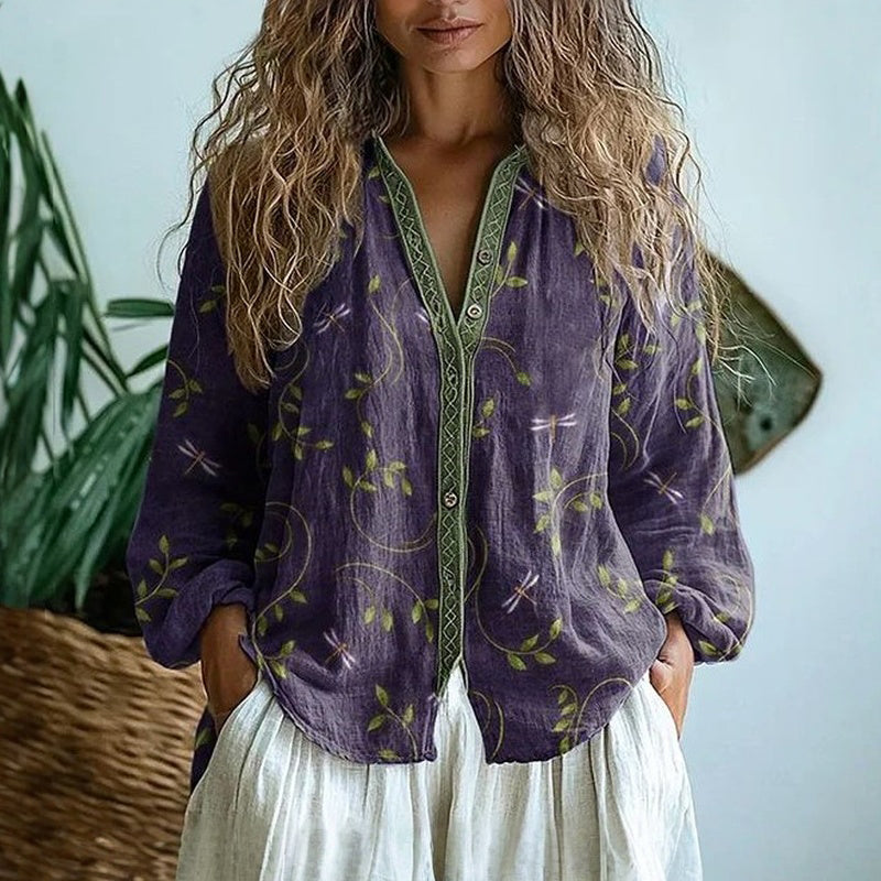 Harriet Relaxed Embroidered V Neck Long Sleeve Blouse