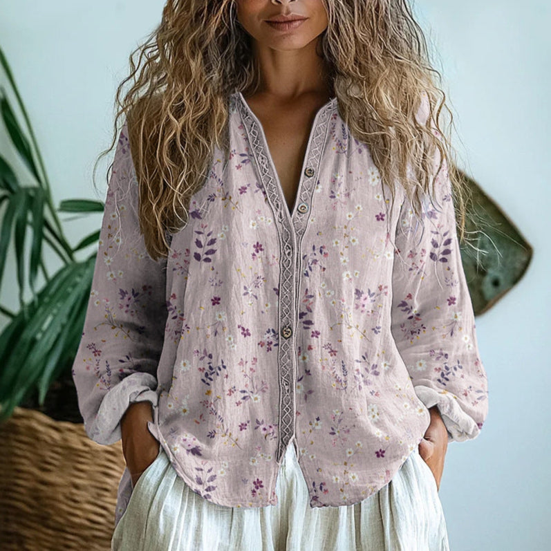 Harriet Relaxed Embroidered V Neck Long Sleeve Blouse