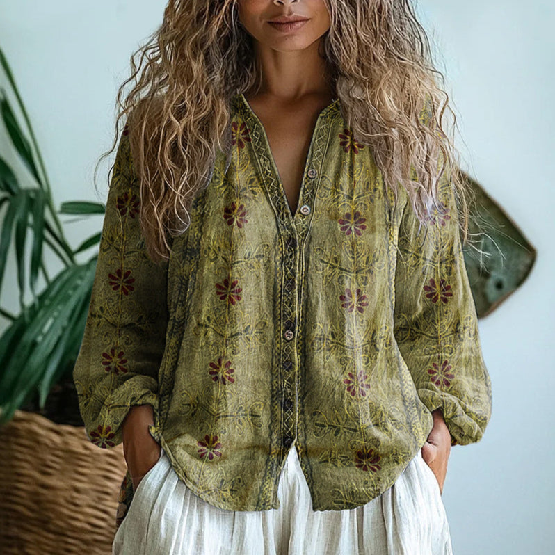 Harriet Relaxed Embroidered V Neck Long Sleeve Blouse