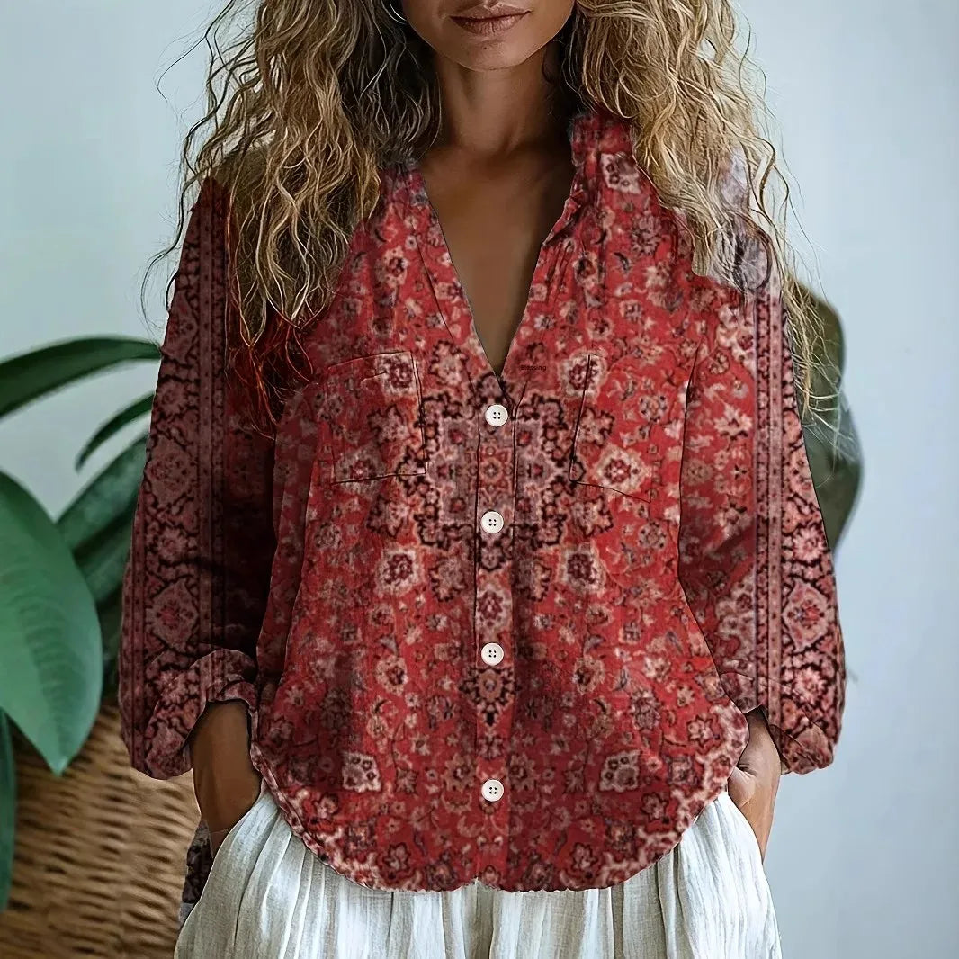 Harriet Relaxed Embroidered V Neck Long Sleeve Blouse