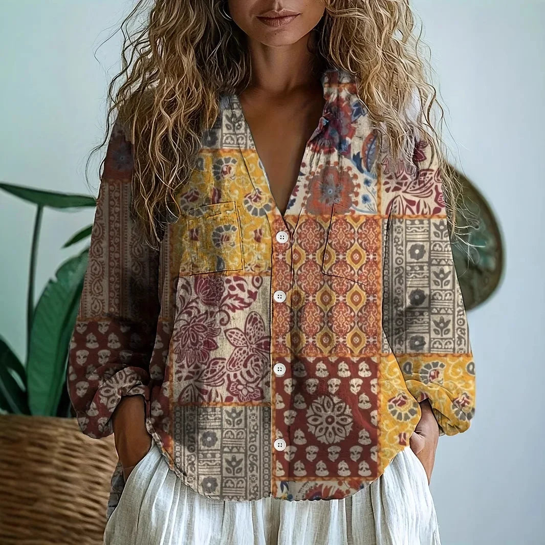 Harriet Relaxed Embroidered V Neck Long Sleeve Blouse