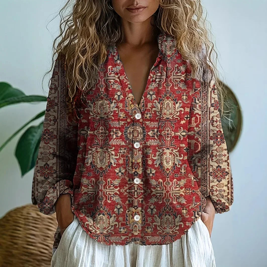 Harriet Relaxed Embroidered V Neck Long Sleeve Blouse